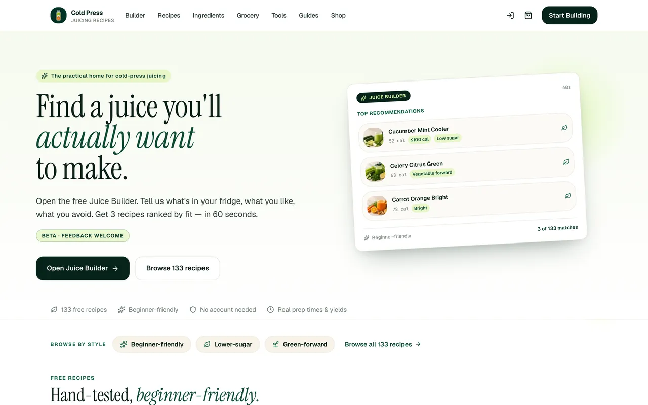 ColdPressJuicingRecipes.com — website screenshot